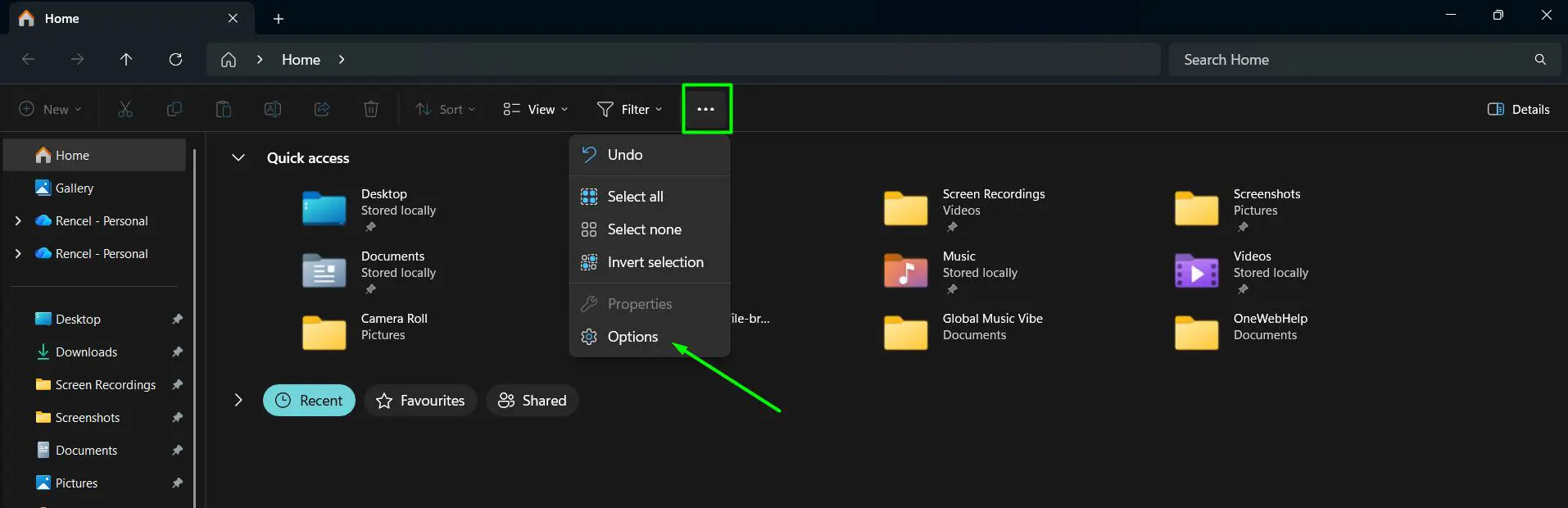 Click the three-dot menu icon (ellipsis) in the top toolbar and select Options