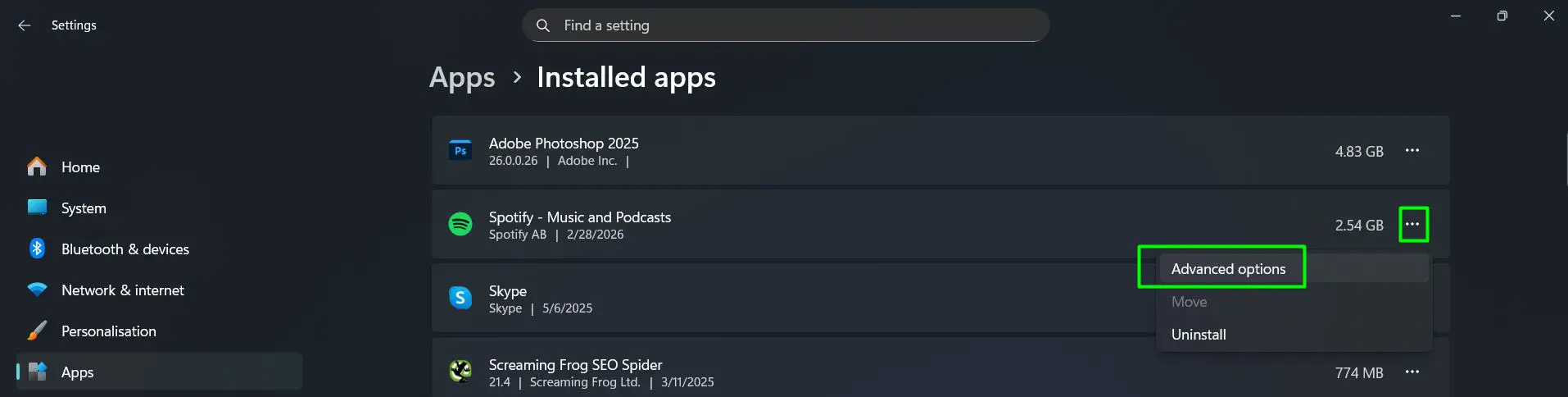 Click the three-dot menu next to an app and select Advanced options