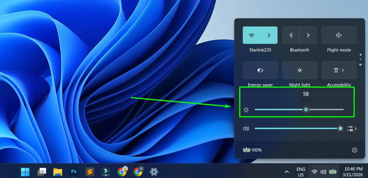 Drag the brightness slider (sun icon) to a lower level – around 50-70% works well indoors