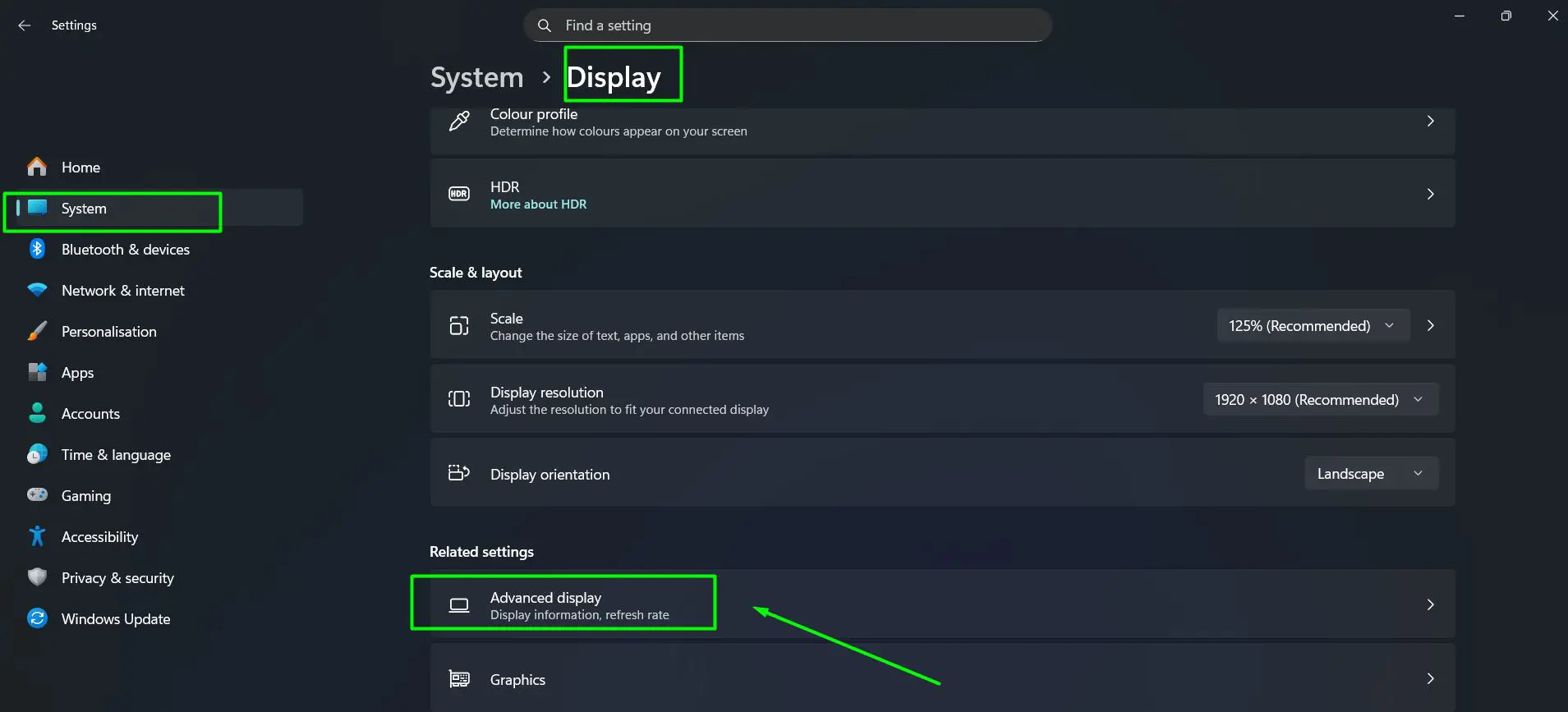 Go to Settings – System – Display then scroll down and click Advanced display