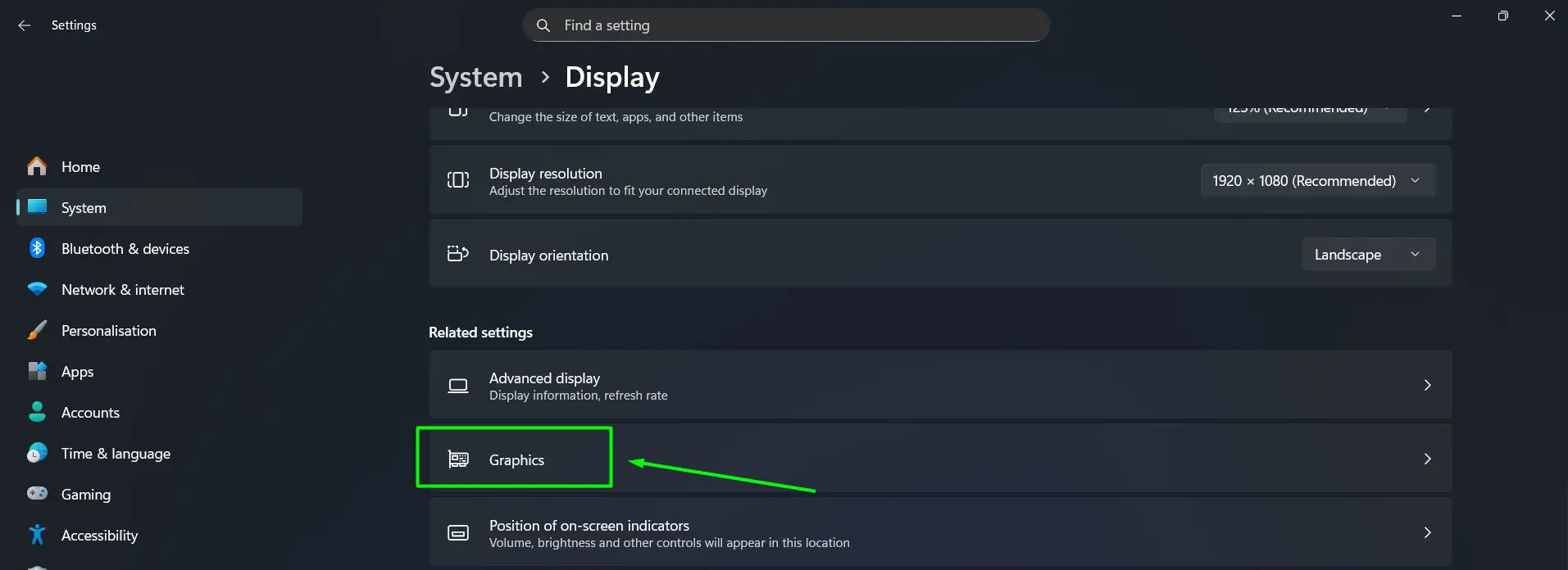 Go to Settings – System – Display then scroll down and click Graphics