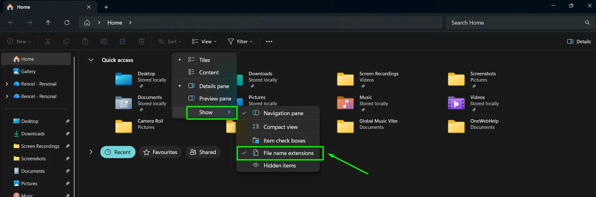 Hover over Show in the dropdown menu and Click File name extensions from the submenu