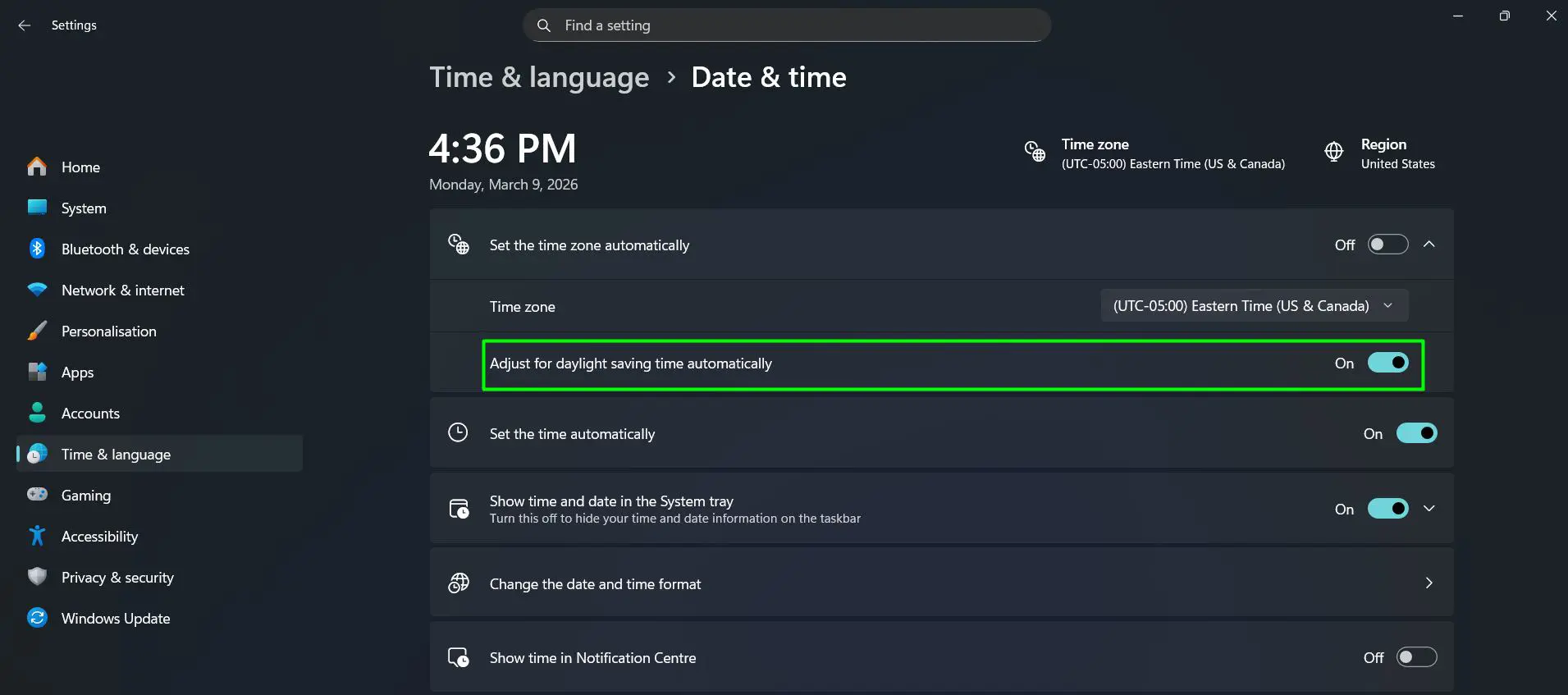 If the selected time zone observes daylight saving time, an ‘Adjust for daylight saving time automatically’ toggle will appear