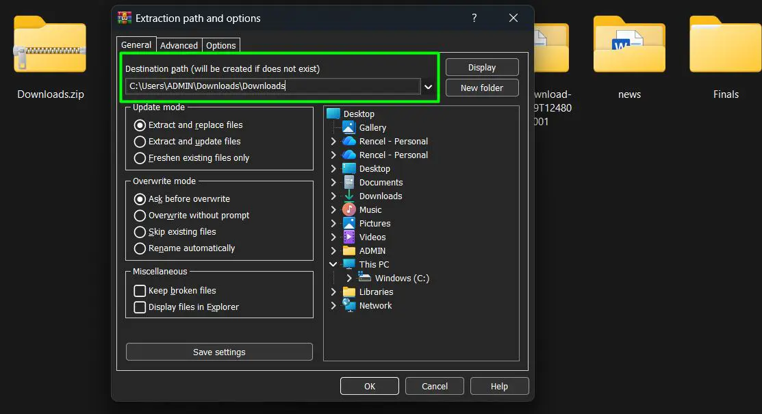 If using ‘Extract files…’, select the desired destination path in the dialog window