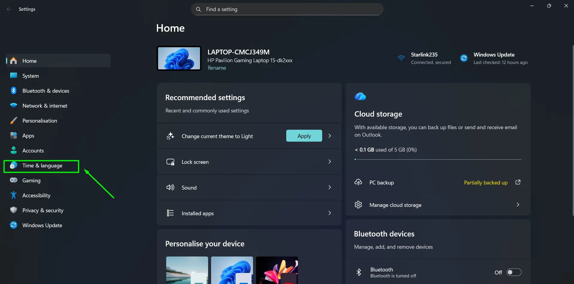 In the left sidebar, click Time and Language