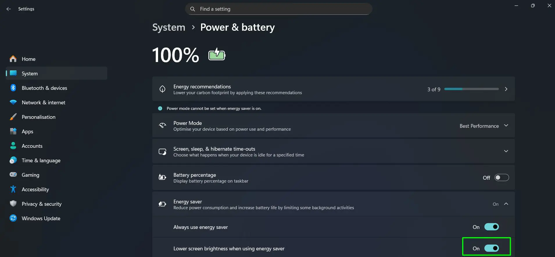 Make sure Lower screen brightness when using energy saver is toggled On for extra savings