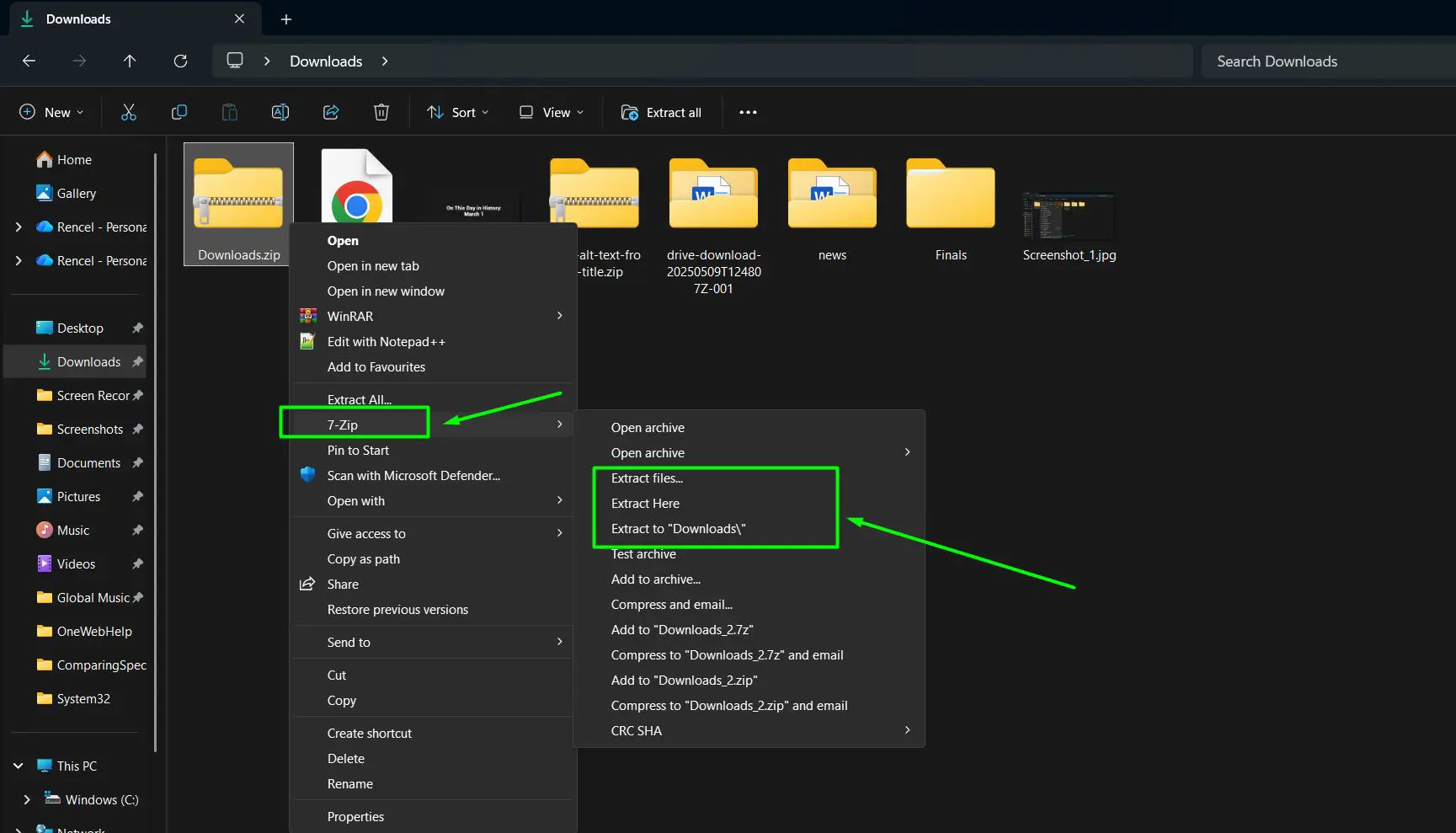 Navigate to the ‘7-Zip’ and Choose one of the following extraction methods, Extract Here, Extract to, and Extract files..