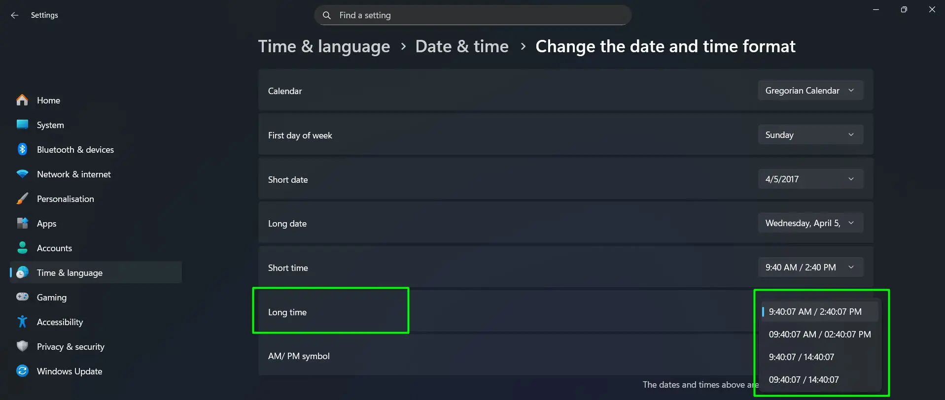 Next to Long time, click the dropdown and select the matching format