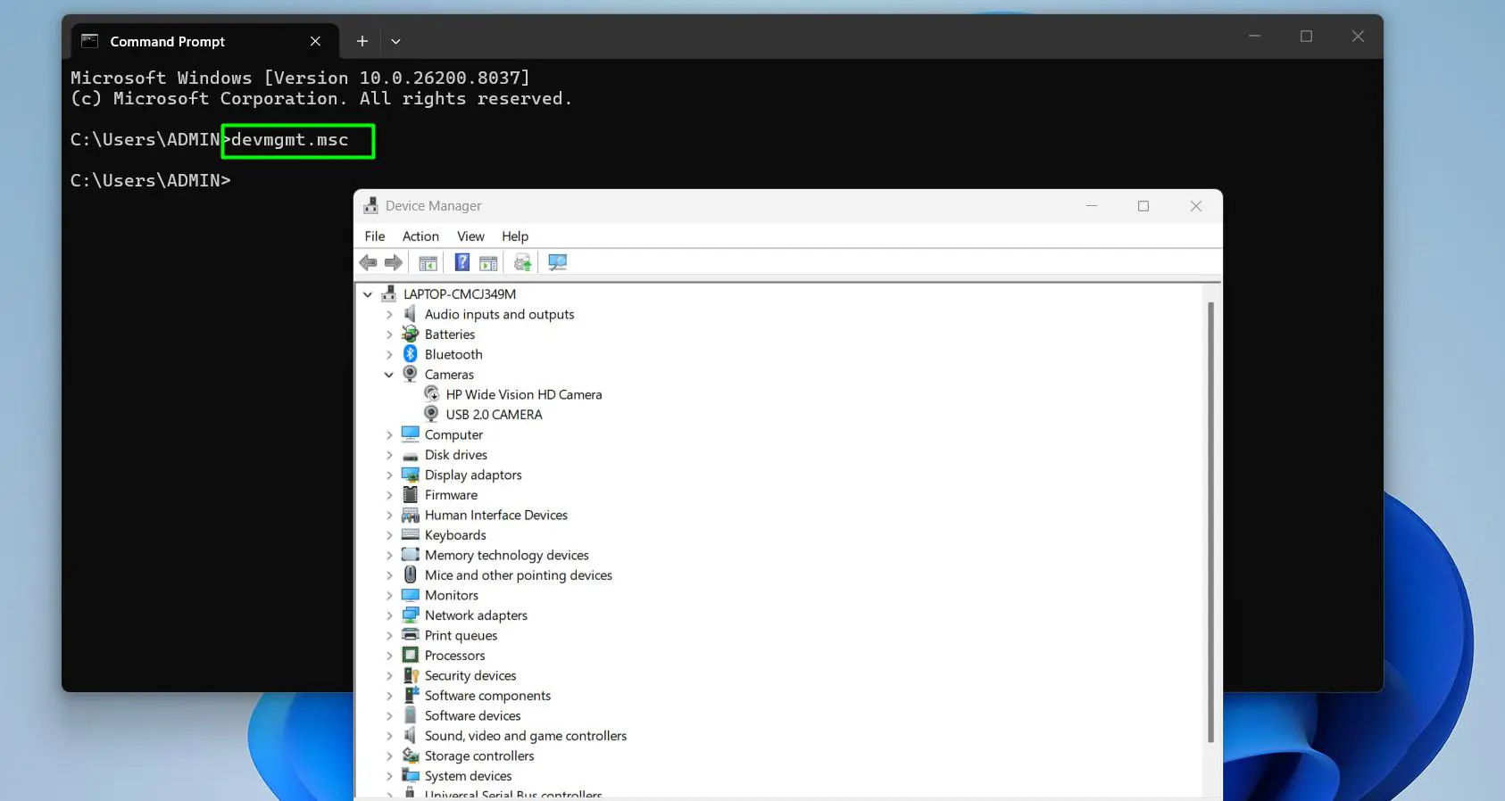 Open Device Manager via Command Prompt