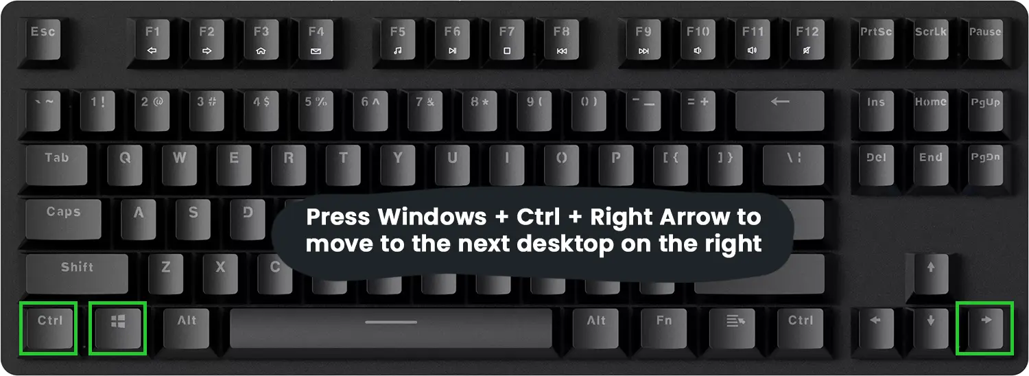 Press Windows + Ctrl + Right Arrow to move to the next desktop on the right