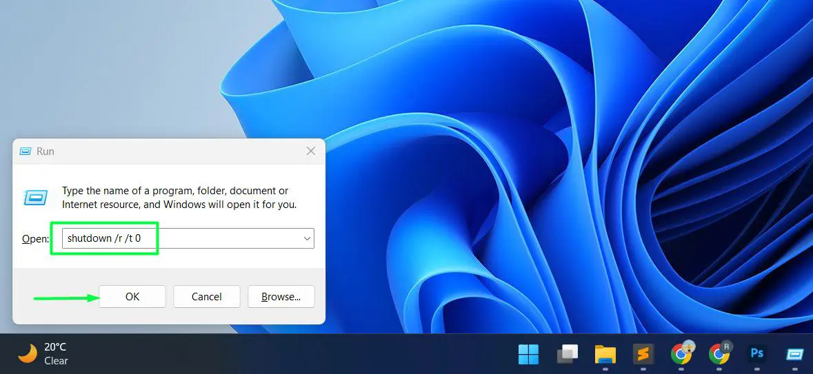 Press Windows key + R, type shutdown /r /t 0, then press Enter to restart Windows 11 immediately.