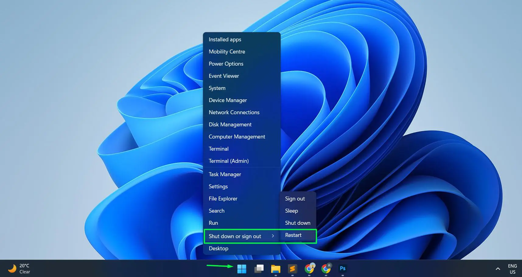 Press Windows key + X or right-click the Start button, select Shut down or sign out, then click Restart