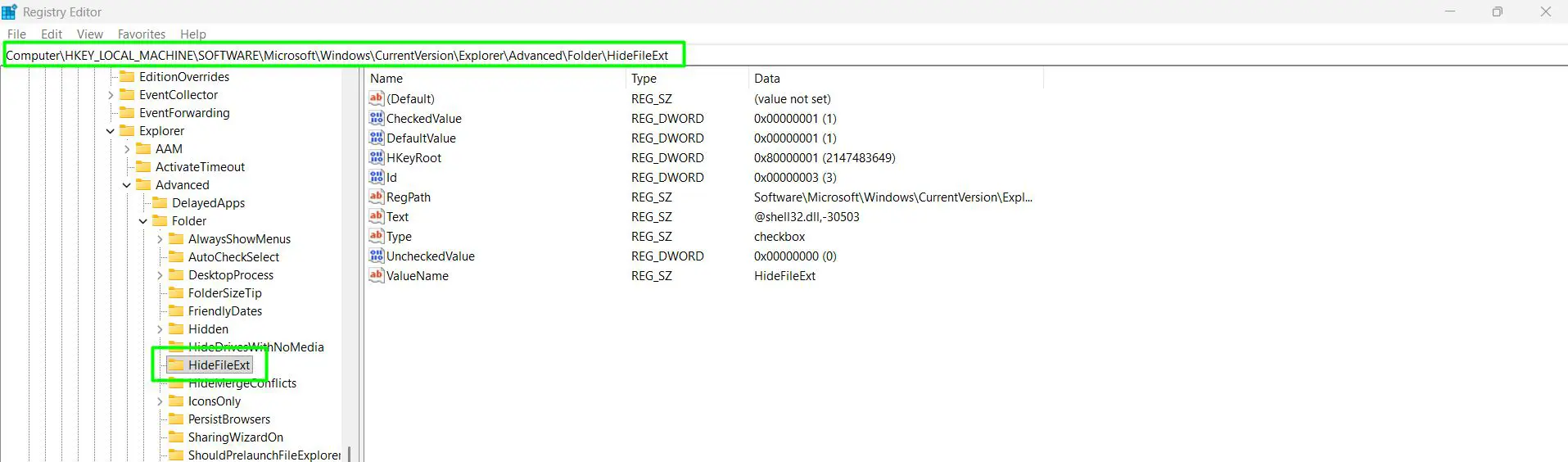 In the Registry Editor, navigate to the following path: HKEY_LOCAL_MACHINE\SOFTWARE\Microsoft\Windows\CurrentVersion\Explorer\Advanced\Folder\HideFileExt