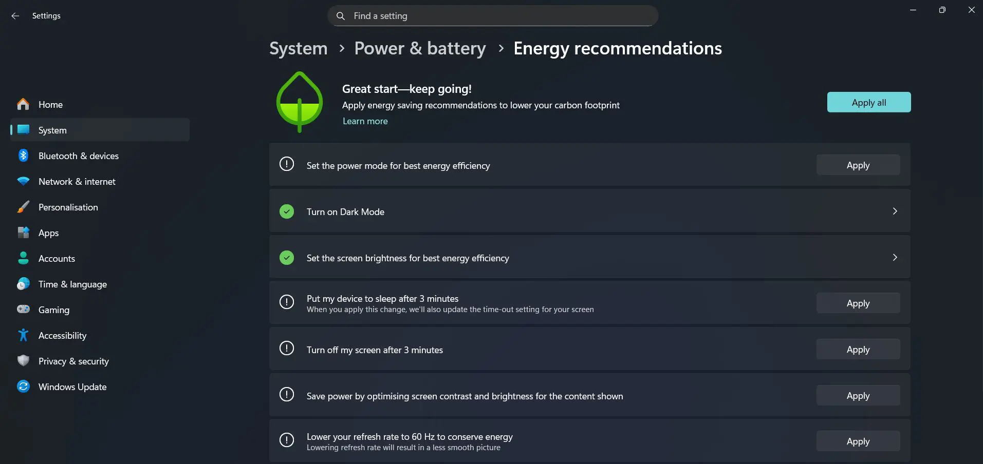 Review each suggestion and click Apply for the ones that suit the usage style