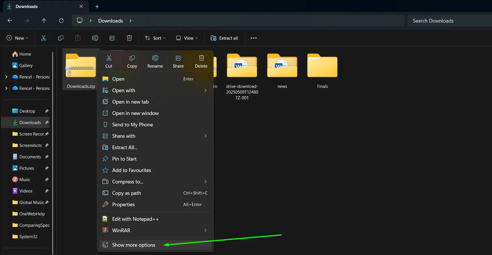 Right-click on the zip file and Click ‘Show more options’