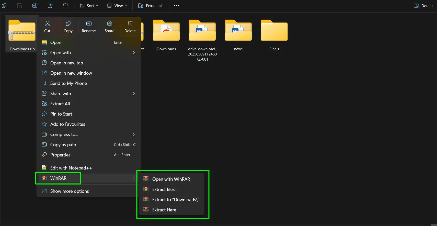 Right-click on the zip file and Hover over ‘WinRAR’ to expand the submenu with extraction options