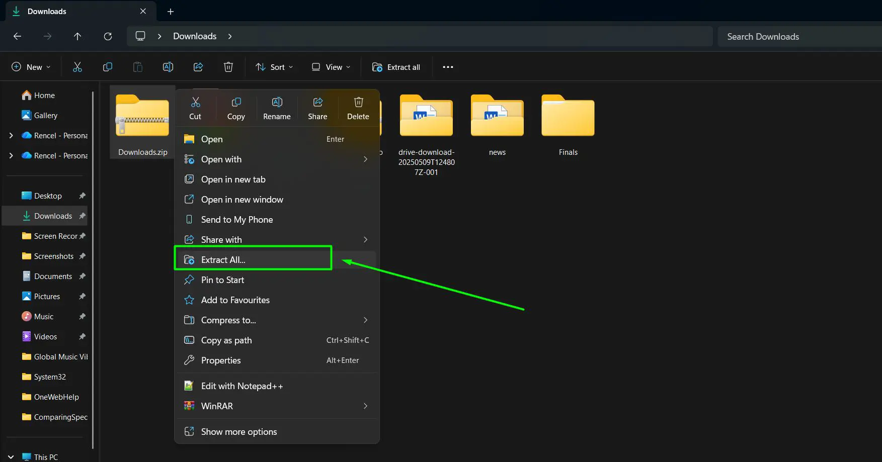 Right-click on the zip file then Select ‘Extract All’