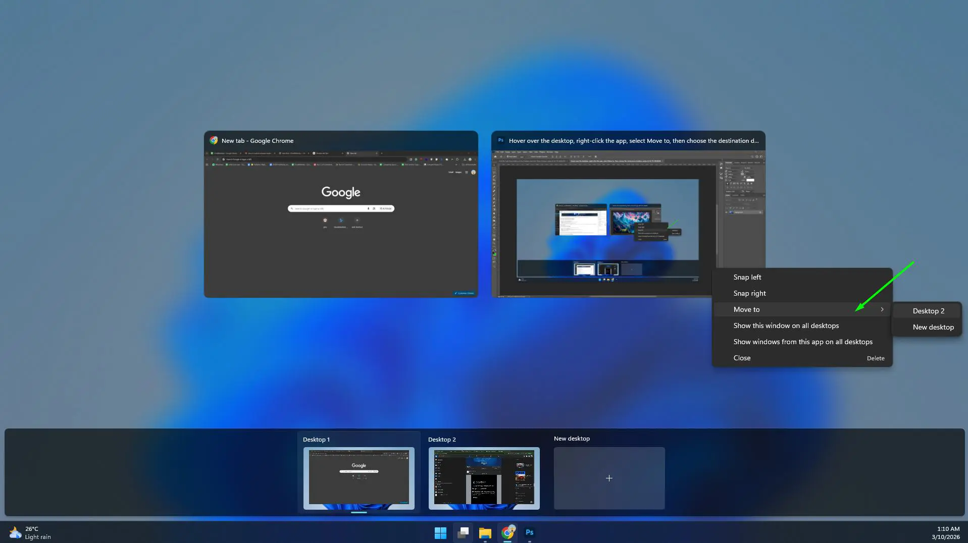 Select ‘Move to’ and choose the destination desktop from the list