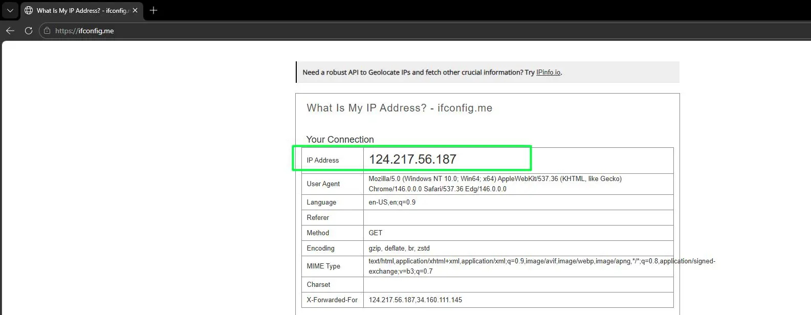 The page loads and shows the public IP address in plain text at the top