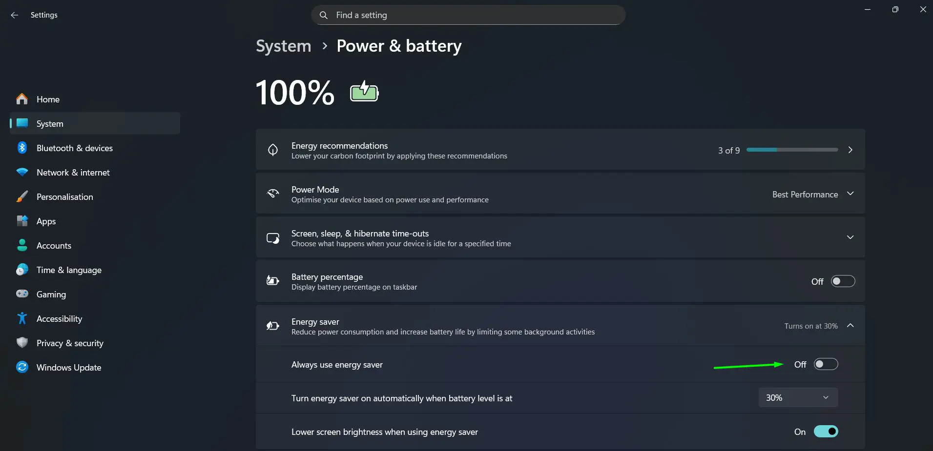 Toggle Always use energy saver to On to enable it right away