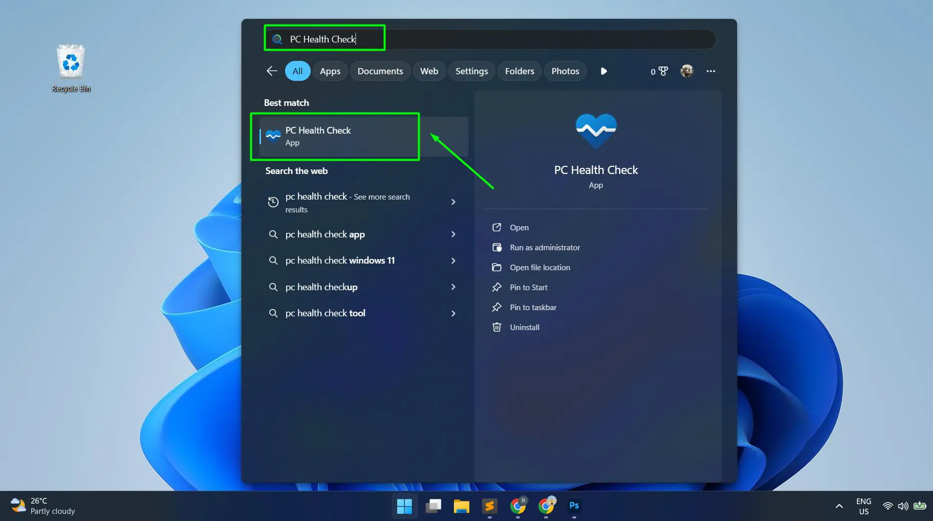 Type PC Health Check in the search bar and Click the app from the search results to open it