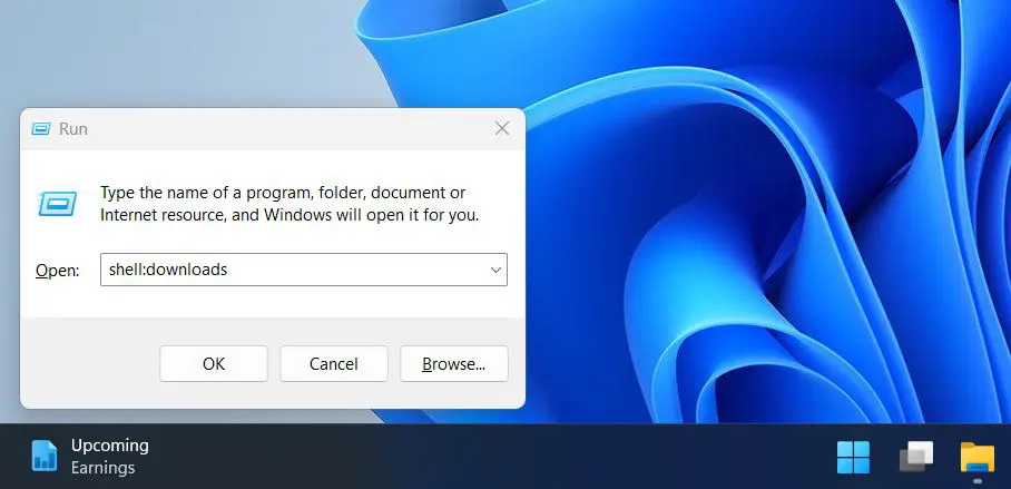 Type shell:downloads in the text field then Press Enter or click OK