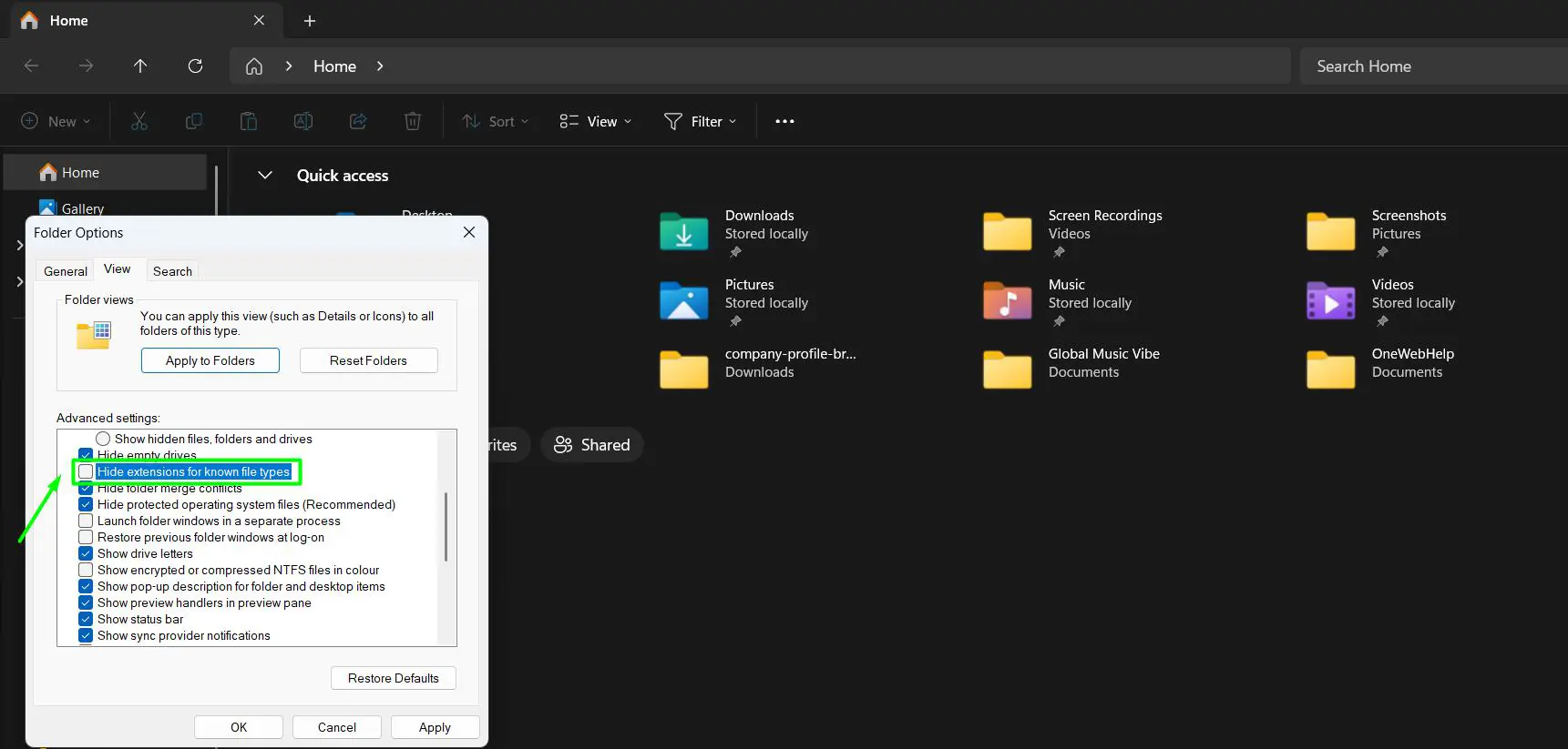 Uncheck “Hide extensions for known file types” in Advanced settings