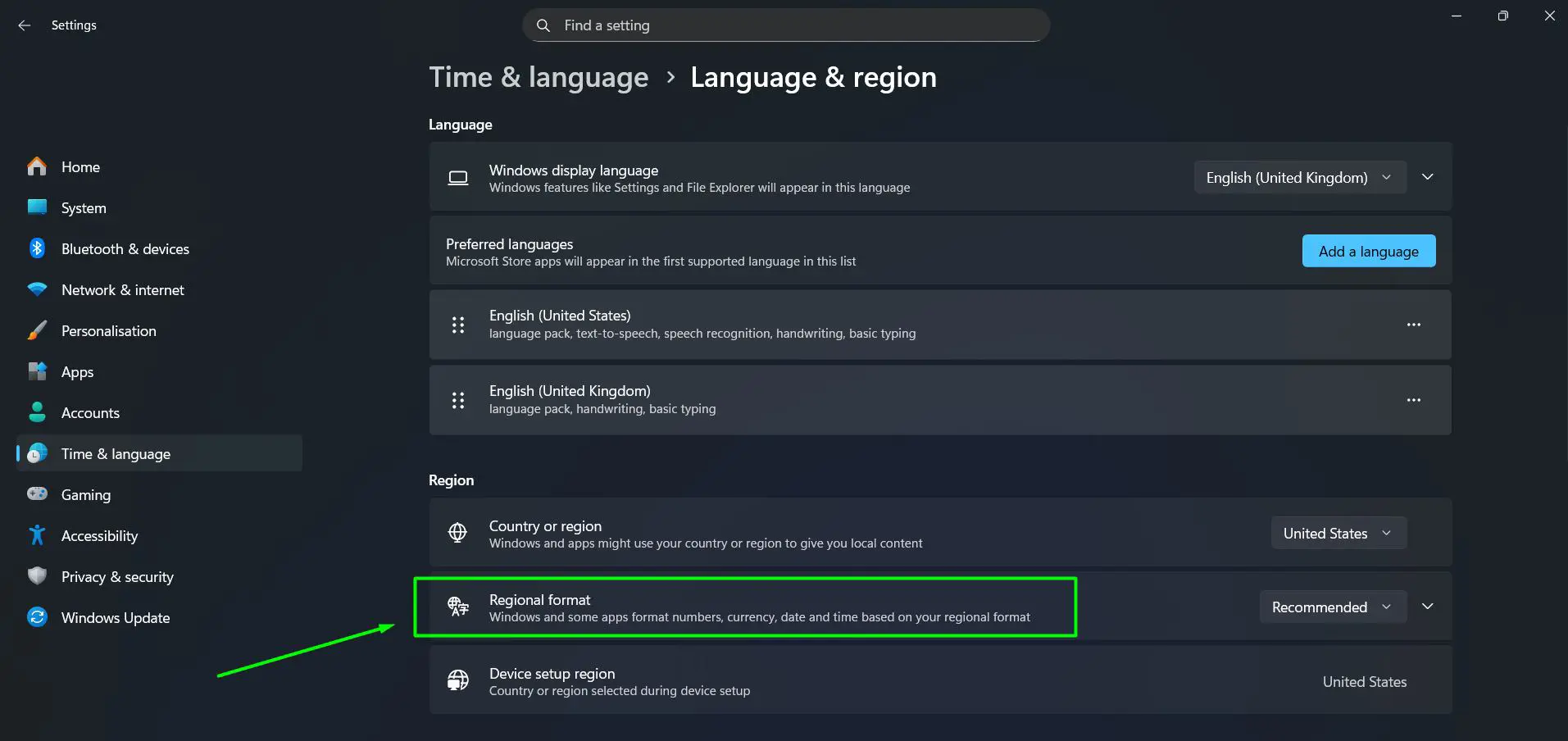 Under the Region section, click Regional format to expand it