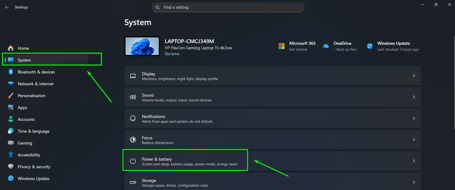 click System and select Power and battery