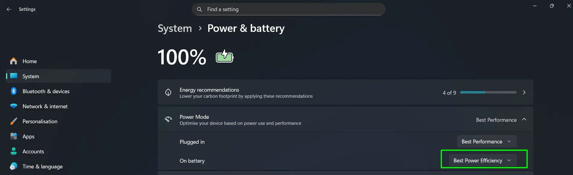 click the On battery dropdown, and change it from Best Performance to Best Power Efficiency