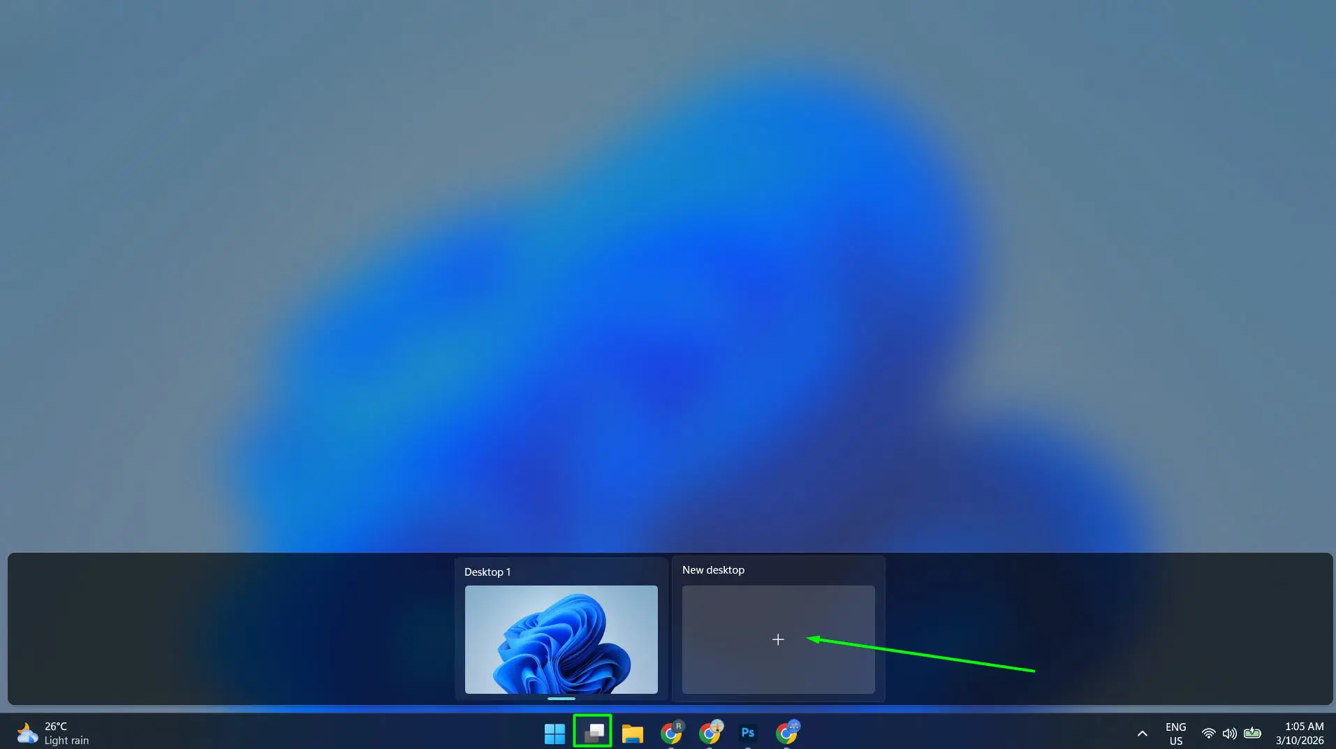 click the Task View button on the taskbar and click ‘New desktop’
