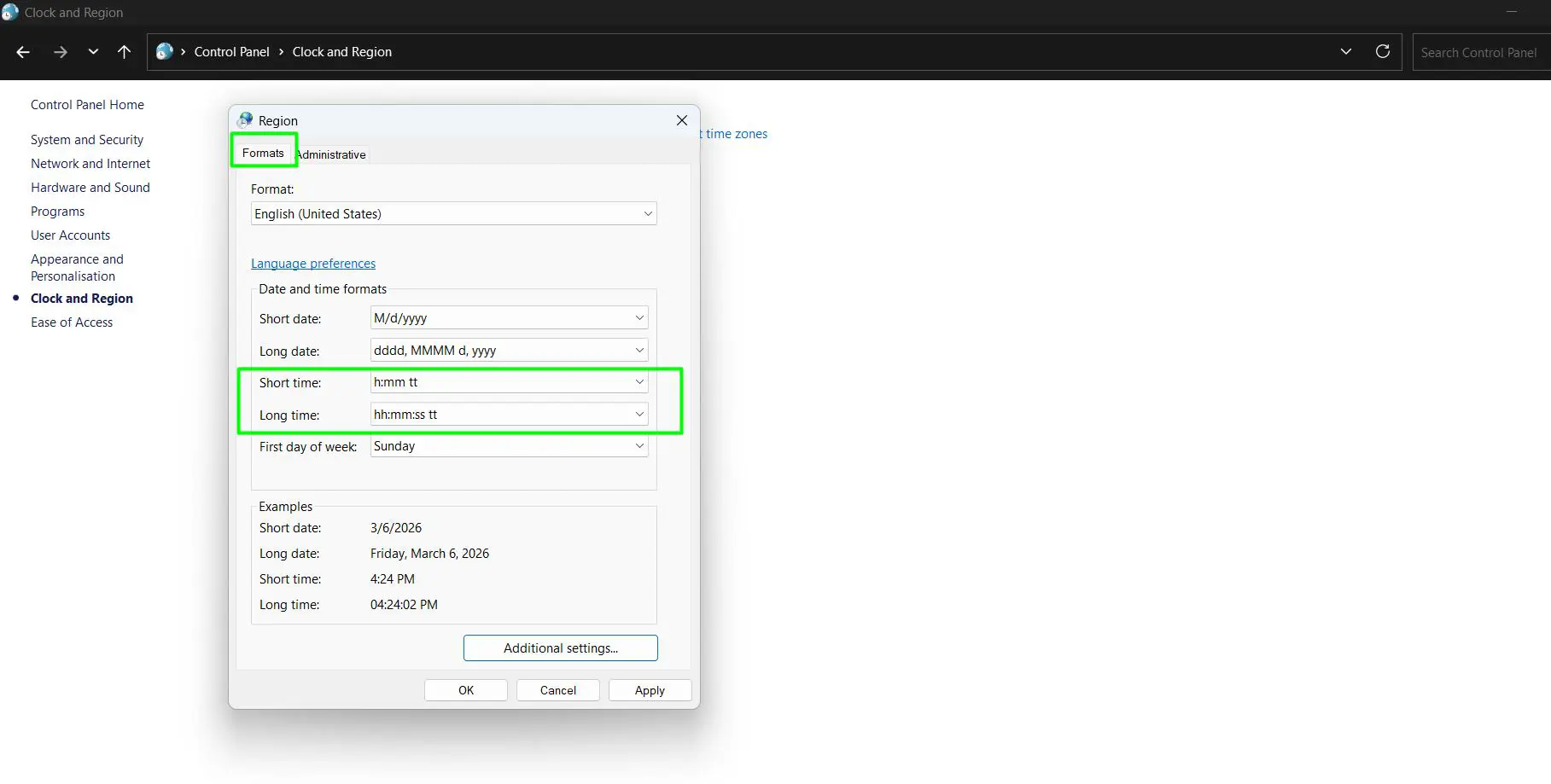 n the Region window, the Formats tab opens by default. Under Date and time formats, find the Short time dropdown