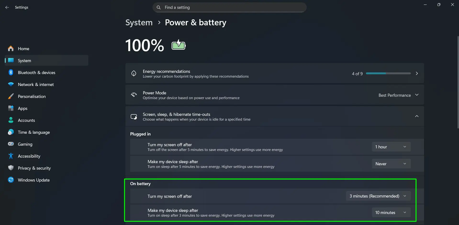 set Turn my screen off after to 2 or 3 minutes and Set Make my device sleep after to 5 or 10 minutes on battery